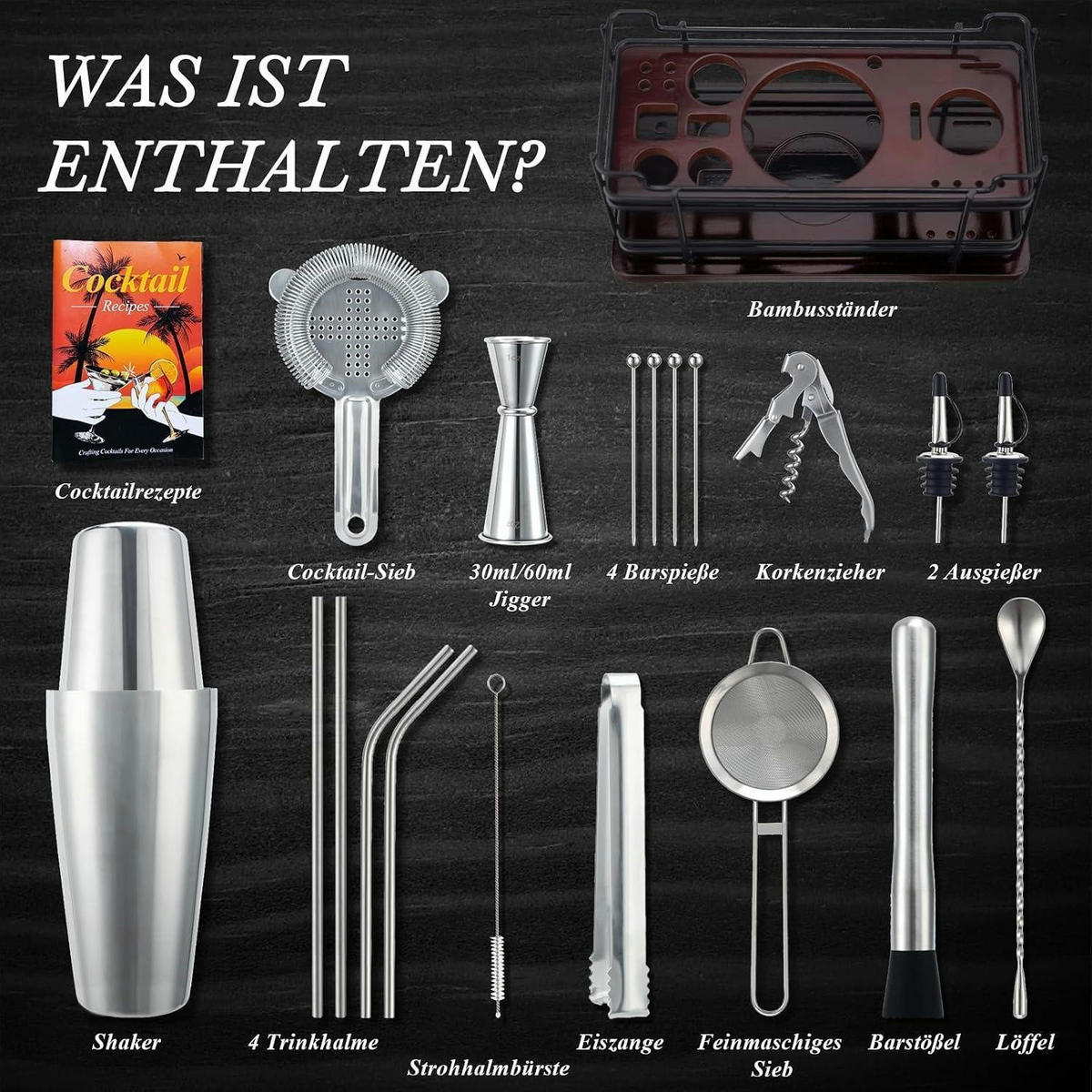 COCKTAIL Shaker Set 20-teilig Edelstahl 825 ml mit Ständer & Rezeptbuch - Silberfarben, Metall (15/15/25cm)