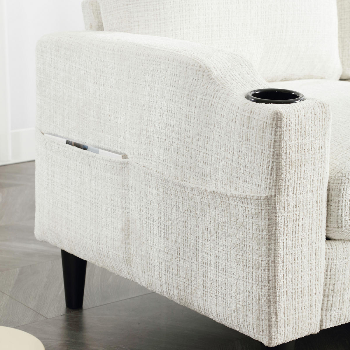 SITZGARNITUR 4-Sitzer Chenille Beige mit Hocker, Stauraum, Getränkehaltern und Seitentaschen - Beige, Holzwerkstoff/Kunststoff (196.5/77/75cm) - WISHDOR