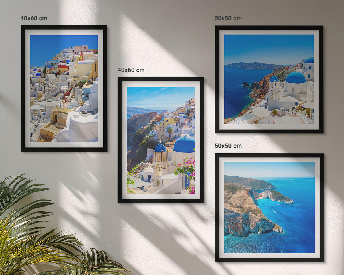 WANDBILDER 4er-Set - 50x50 cm & 40x60 cm Schwarzer Rahmen - Architekturlandschaft Oia Santorin Griechenland - Schwarz, Kunststoff (50/50cm) - ArtPrintCave
