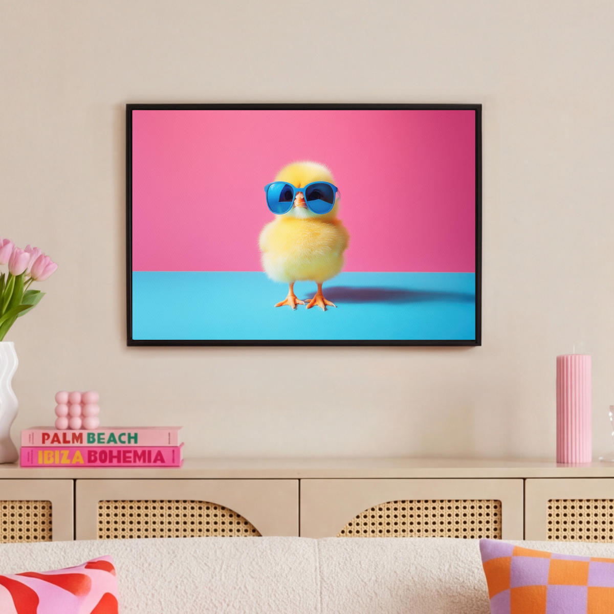 LEINWAND Bilder mit Rahmen - Chick - Sonnenbrille - Blau - 60x40 - Pink, Textil (60/40cm) - MuchoWow
