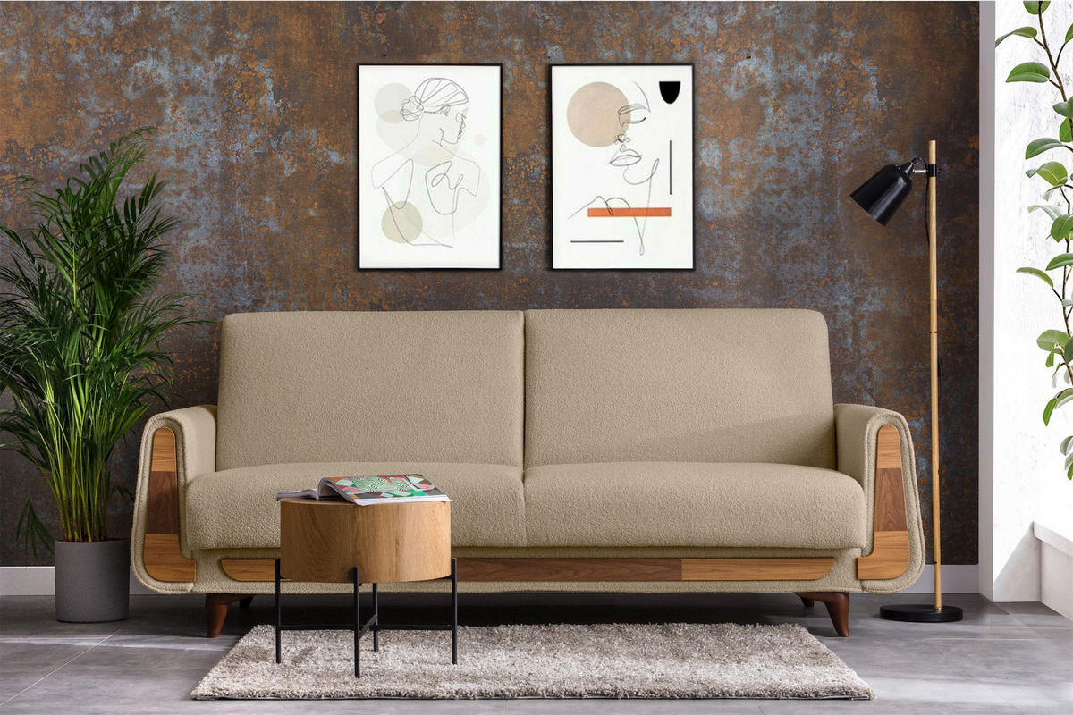 3-SITZER-SCHLAFSOFA GUSTAVO mit Armlehnen, hellbeige - Beige/Braun, Holz/Holzwerkstoff (230/98/98cm) - KONSIMO®