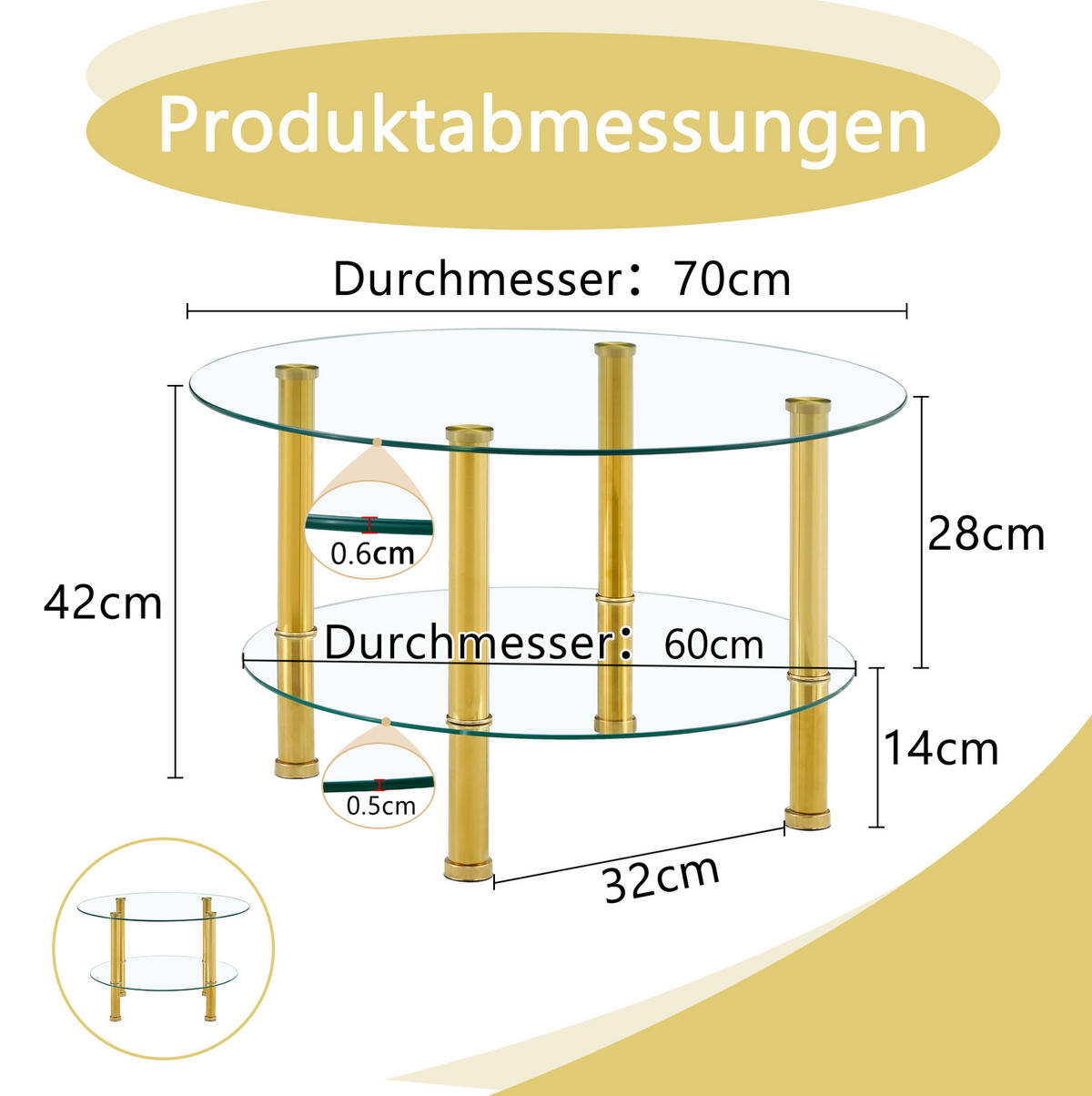 KONFERENČNÍ stolek 70/70/42 cm zlatá transparentní ze skla a kovu se 2 deskami - zlatá, sklo (70/70/42cm) - OKWISH