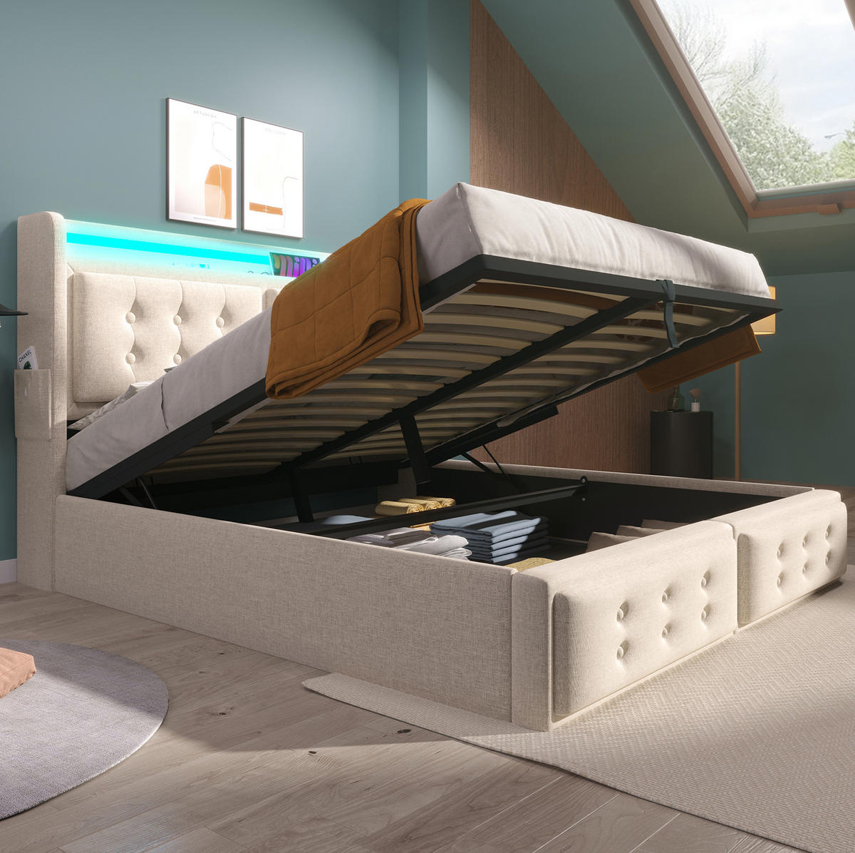POLSTERBETT mit Stauraum und Matratze 160x200 cm Baumwoll-Leinen Beige - Beige, Metall (160/200cm) - Beauniv
