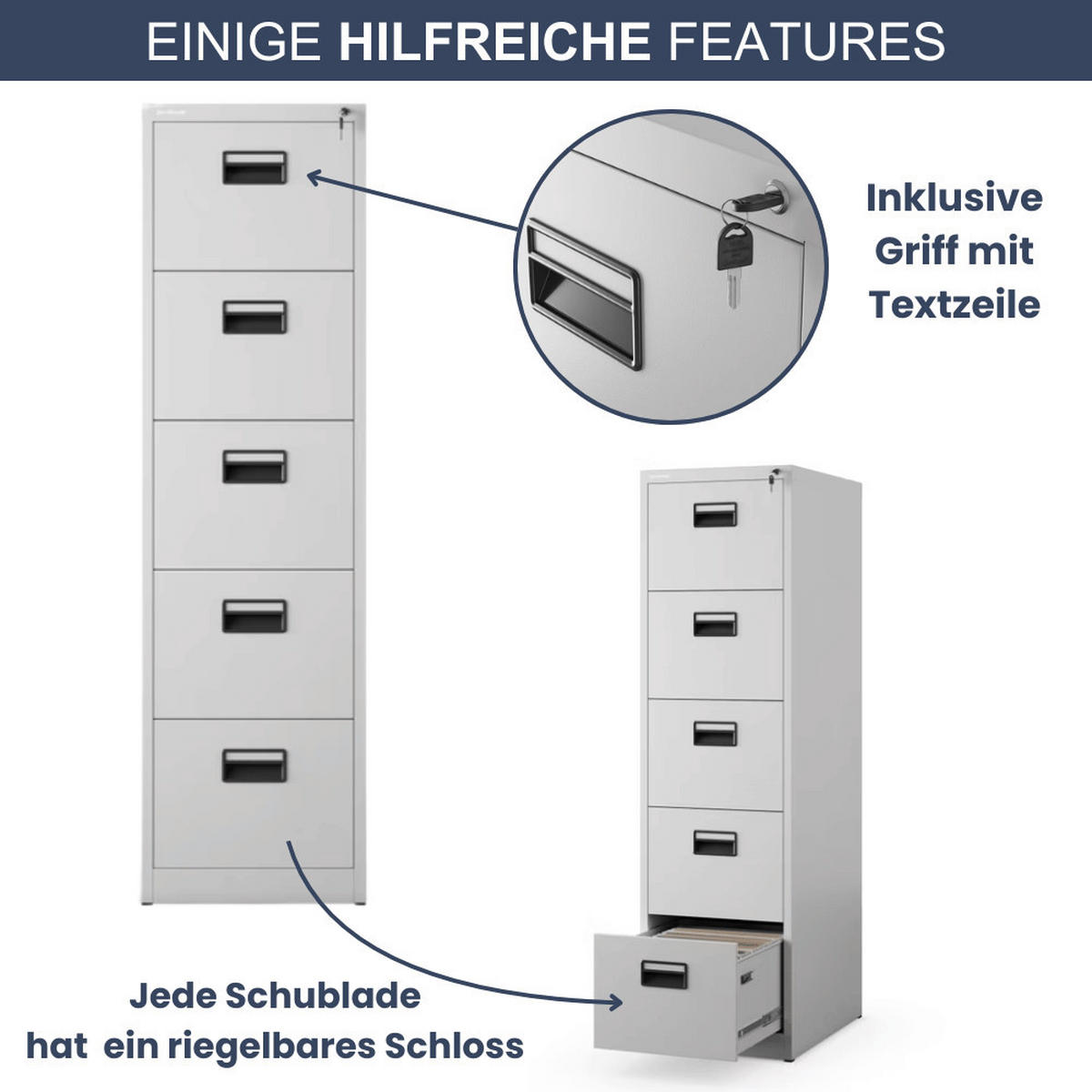 HÄNGEREGISTERSCHRANK abschließbar TION 5 Schubladen 163x46x62cm Grau - Grau, Metall (46/163/62cm) - DELUKE