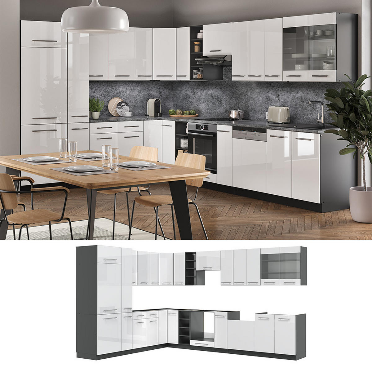 ECKKÜCHE Fame-Line Weiß Hochglanz/Anthrazit 347 x 257 cm, AP Anthrazit - Weiß Hochglanz/Anthrazit, Holzwerkstoff (347/81.6/60cm) - Vicco