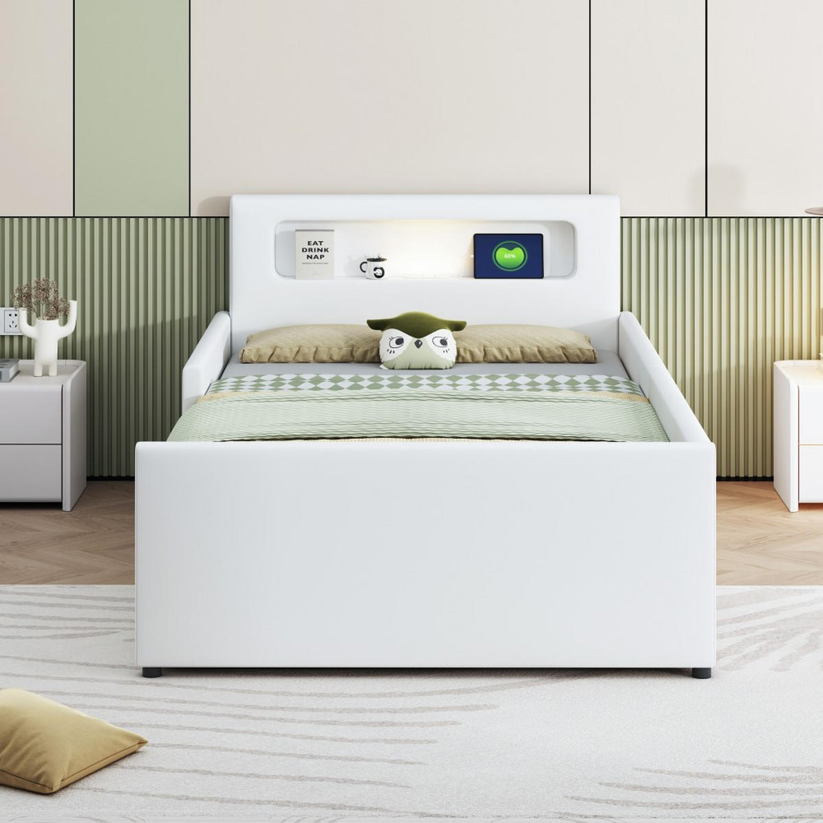 POLSTERBETT 90x200 cm mit Nachtlicht und USB-Ladeanschluss in Weiß - Weiß, Leder/Holz (90/200cm) - KOMHTOM