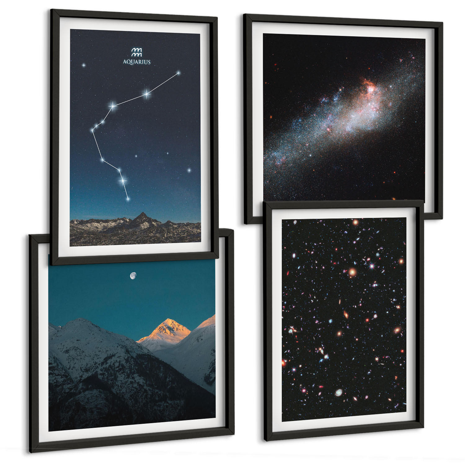 BILDER SET 4er Set - 50x50 cm & 40x60 cm Schwarzer Rahmen - Galaxienraum Wassermann-Berge - Schwarz, Kunststoff (50/50cm) - TULUP