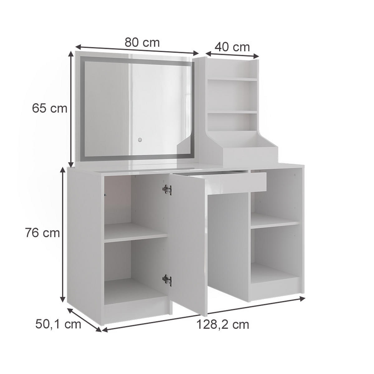 SCHMINKTISCH Sherry Weiß/Weiß Hochglanz 128.2 cm mit LED-Spiegel - Weiß Hochglanz, Holzwerkstoff (128.2/76/50.1cm) - Vicco