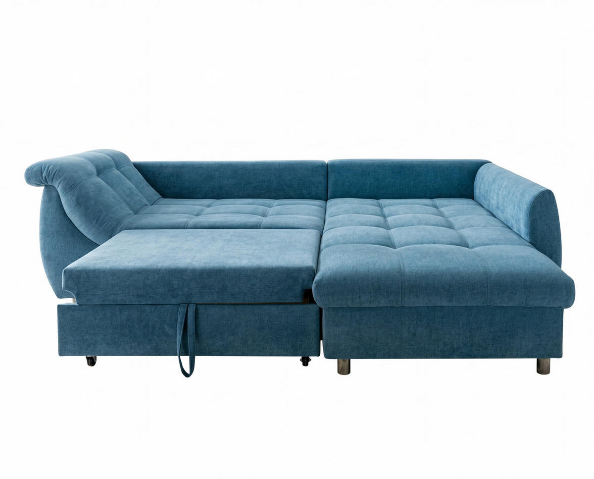 ECKSOFA mit Schlaffunktion, Wellenunterfederung, Ottomane rechts B250/T190/H84 cm, Liegefl. 179x190 cm, Mikrofaser Blau / 17107 - Blau/Chromfarben, Textil/Metall (250/190cm) - luma-home