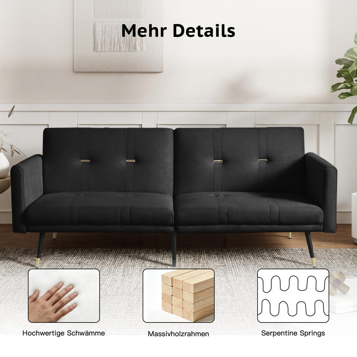 BÄDDSOFFA 2-sits sammet fällbar med gästsängsfunktion - Svart, Textil (164/70/89cm) - Urban Meuble