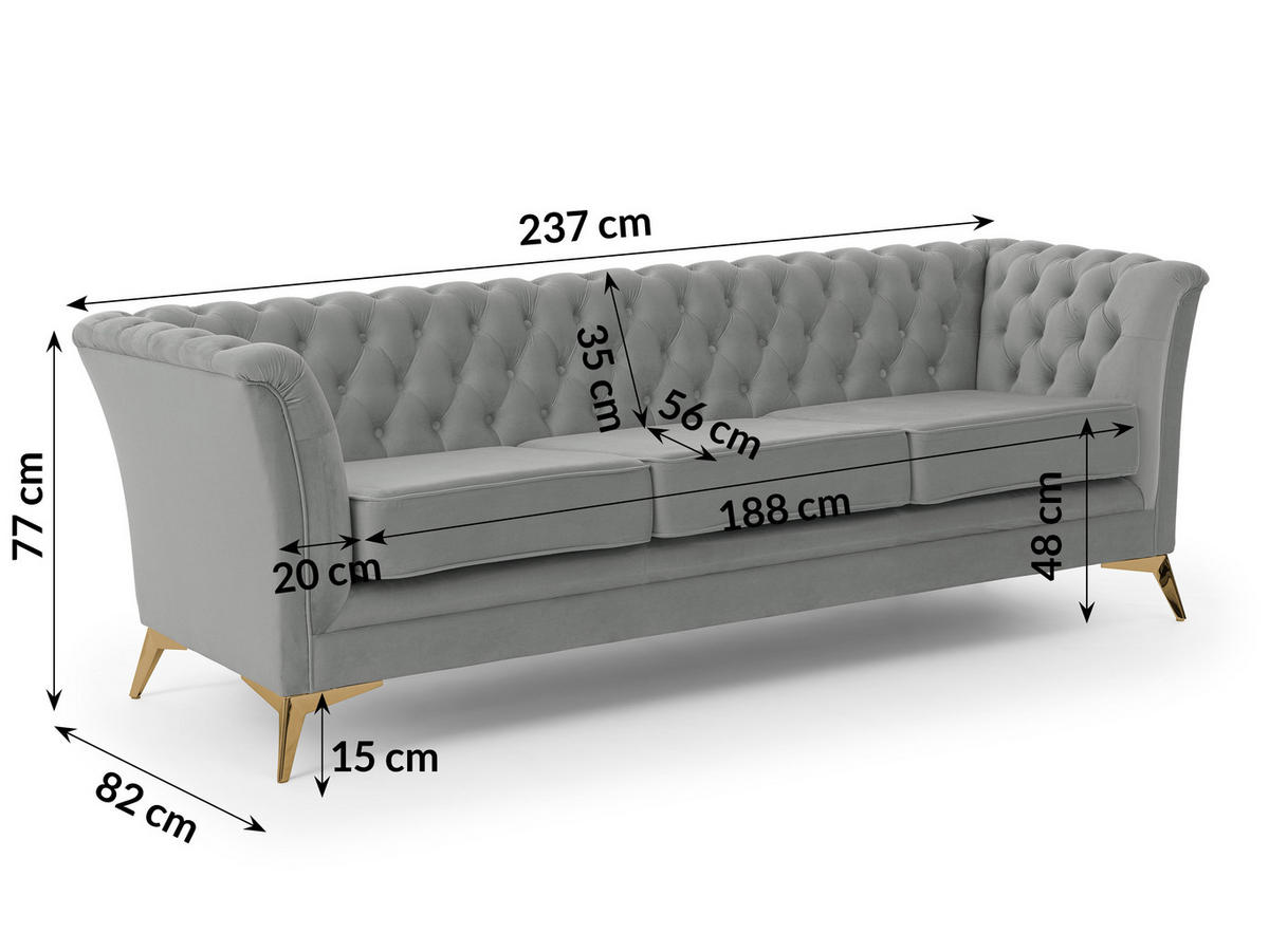 SITZGARNITUR 3+2 Chesterfield Whitby Grau Samt mit goldenen Füßen - Goldfarben/Grau, Holz/Textil (237/78/82cm) - S-Style Möbel
