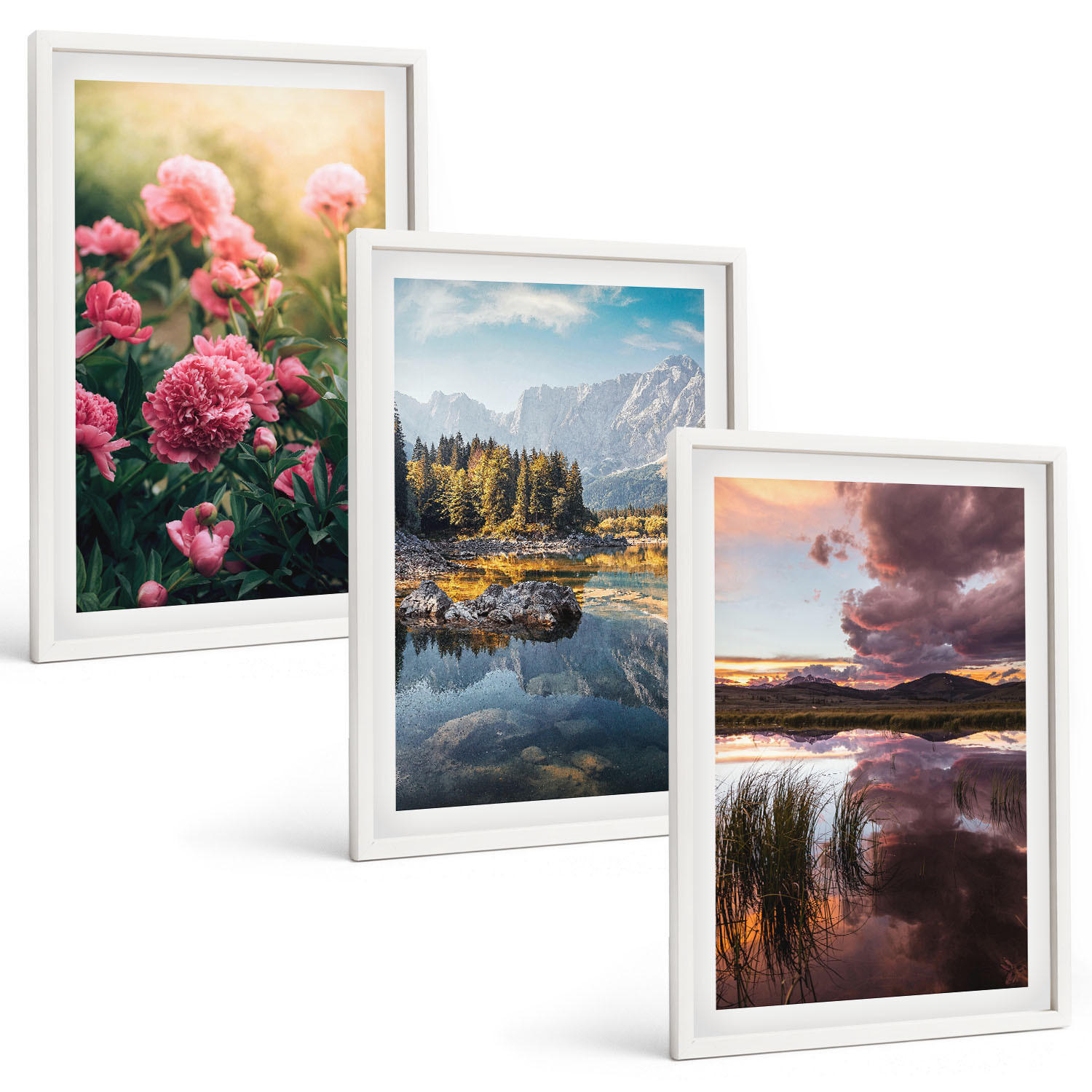 BILDER SET 3er Set - 40x60 cm Weißer Rahmen - Blumengarten Berge Wasser - Weiß, Kunststoff (40/60cm) - TULUP