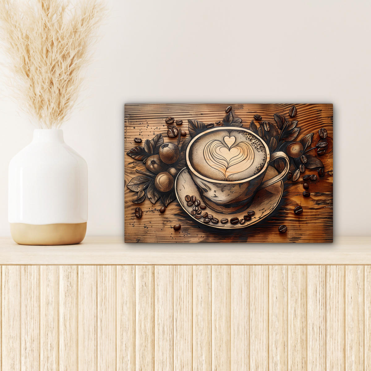 LEINWANDBILD Kaffee - Vintage - Braun - Tasse - Holz Deko Schlafzimmer 30x20 cm - Braun, Textil (30/20cm) - MuchoWow