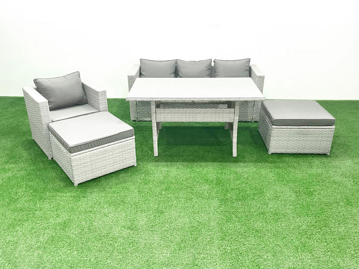GARTENSET mit Esstisch,Sofa,2 Großer Hocker,Stuhl Polyrattan Hellgrau 6-Sitzer - Hellgrau/Grau, Glas/Kunststoff - Fimous