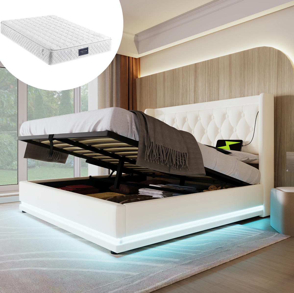POLSTERBETT aus PU 160x200 cm Weiß mit Bettkasten, LED-Beleuchtung, USB-C und Federkernmatratze - Weiß, Leder (160/200cm) - IVMEU