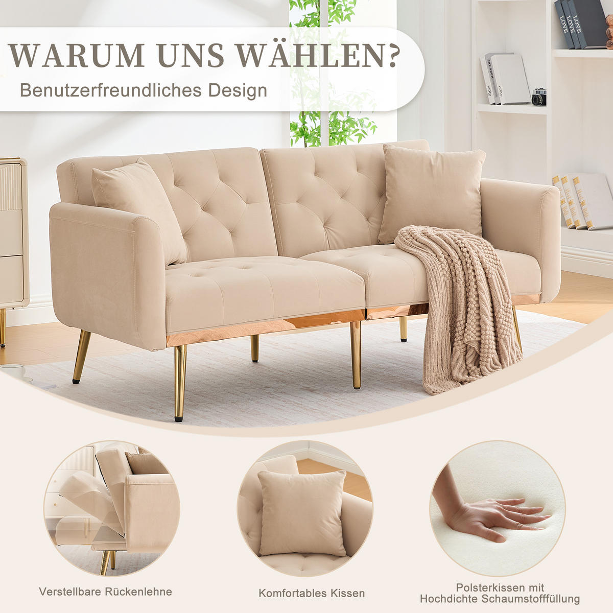 SCHLAFSOFA Samt mit verstellbarer Rückenlehne Beige 165/72,5/75 cm - Beige, Textil (72.5/75/165cm)