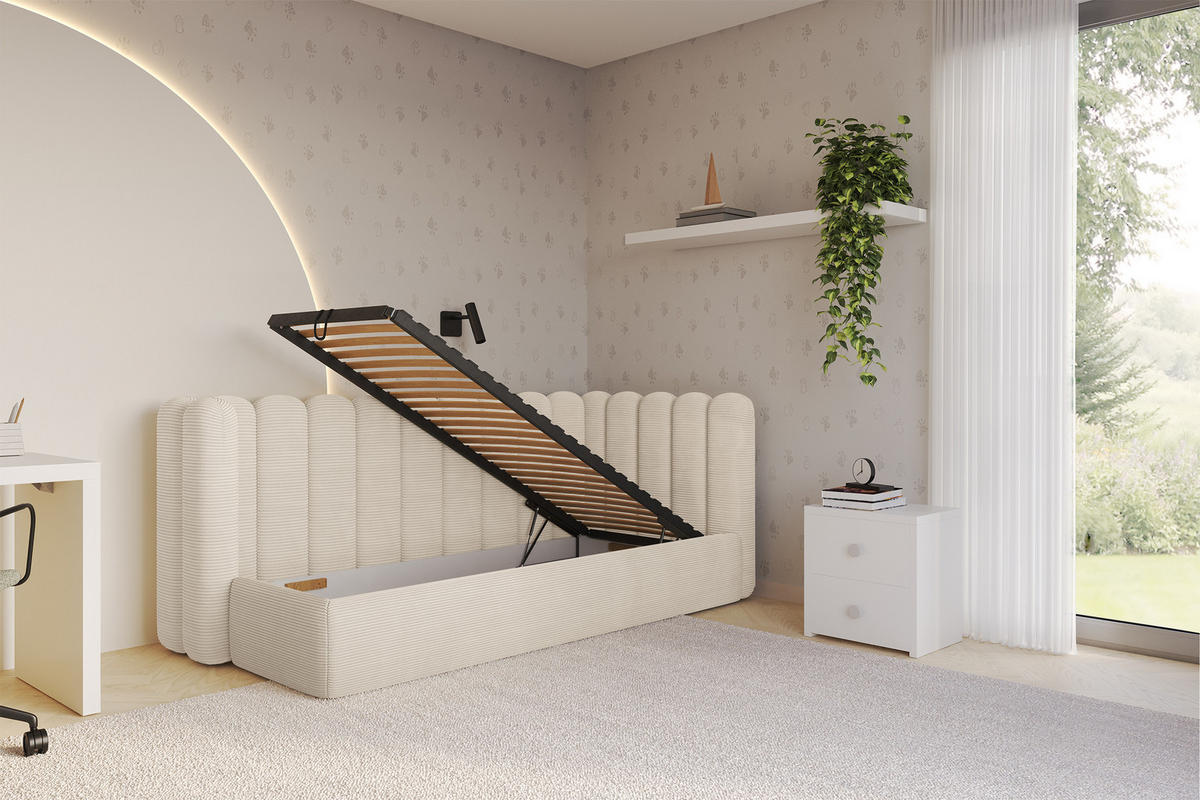 EINZELLBETT Jugendbett mit Bettkasten und Matratze H3/H4, Links - HUGY 100x200 Beige - Creme, Holzwerkstoff/Textil (100/200cm) - ALTDECOR