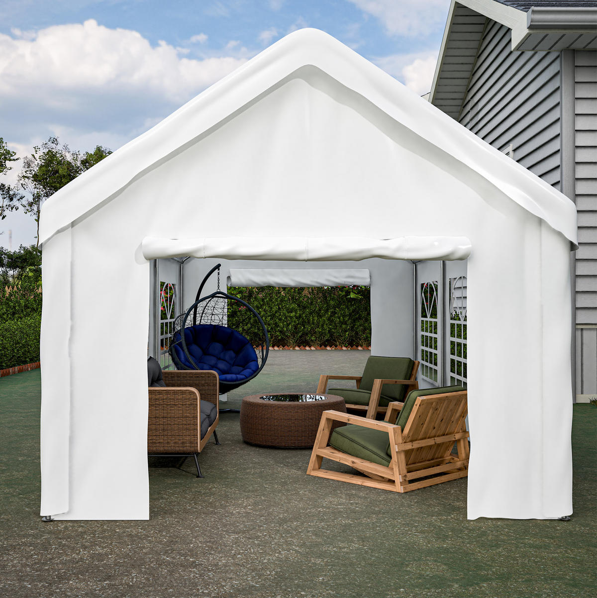 KLEINGARAGE aus PE Rattan, Eisen & wasserdichtem Stoff 3x6 m in Weiß - Weiß, Metall (299/283/598cm) - Modfu