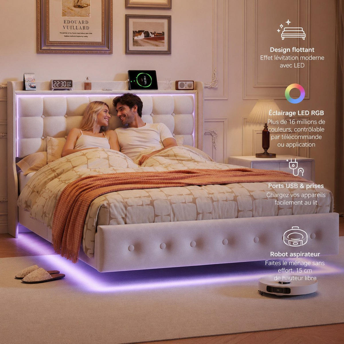 POLSTERBETT 140/200 cm weiß mit LED und Kopfteil - Weiß, Holz