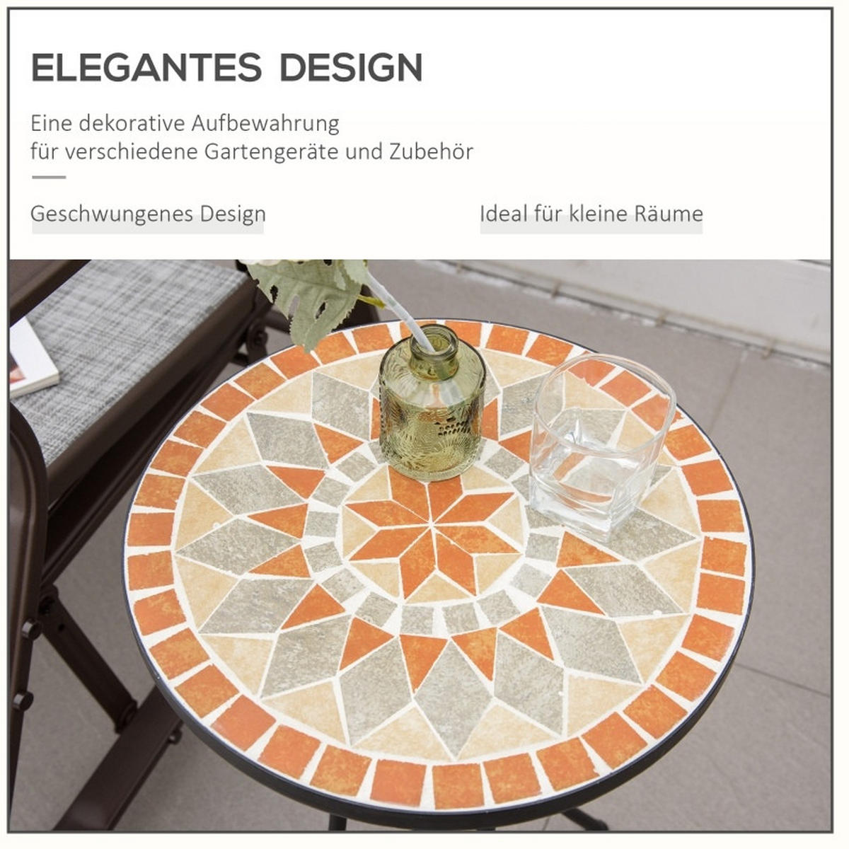 GARTENTISCH Rund 35.5x35.5x53.5 cm Schwarze mit Mosaik-Muster & Metallrahmen - Naturfarben, Metall (35.5/35.5/53.5cm) - Modfu