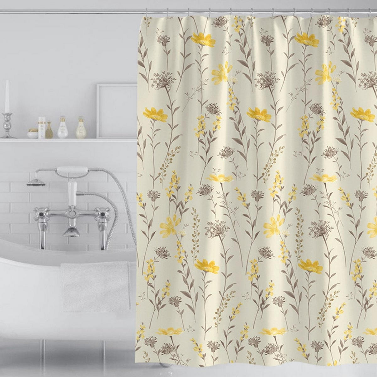 DUSCHVORHANG Gelb Pflanzenmuster Polyester 180 x 200 cm schimmelresistent wasserdicht Ringe - Multicolor, Textil (180/200cm) - MCBOSON