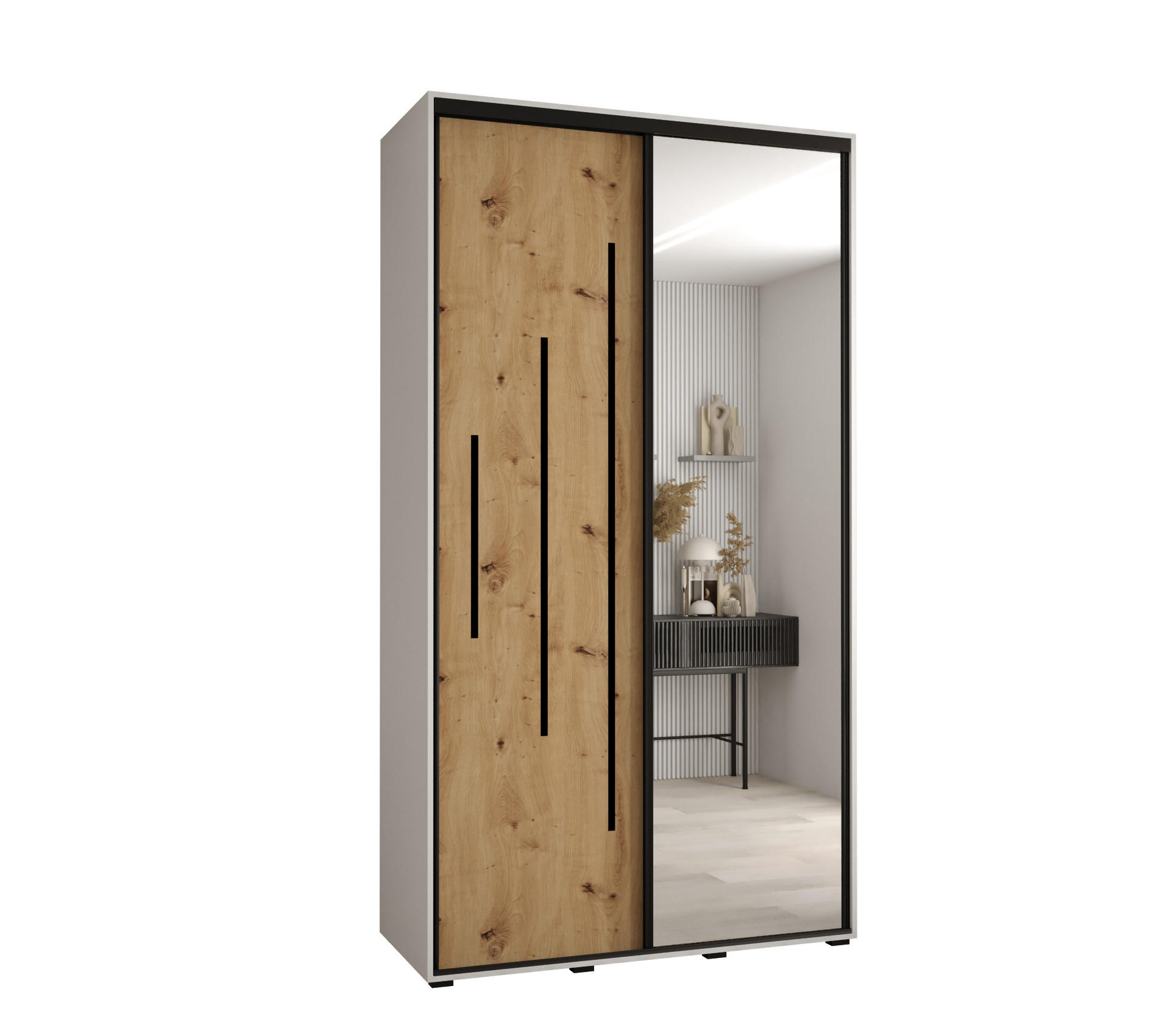 Abiks Möbel Schwebetürenschrank Weiß, Eiche Artisan, Schwarz 140x235x60 cm
