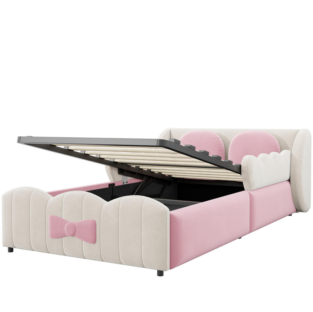 KINDERBETT aus Samt 90x200 cm Beige mit hydraulischem Stauraum und 2 Zierkissen - Beige, Textil (90/200cm) - Modfu