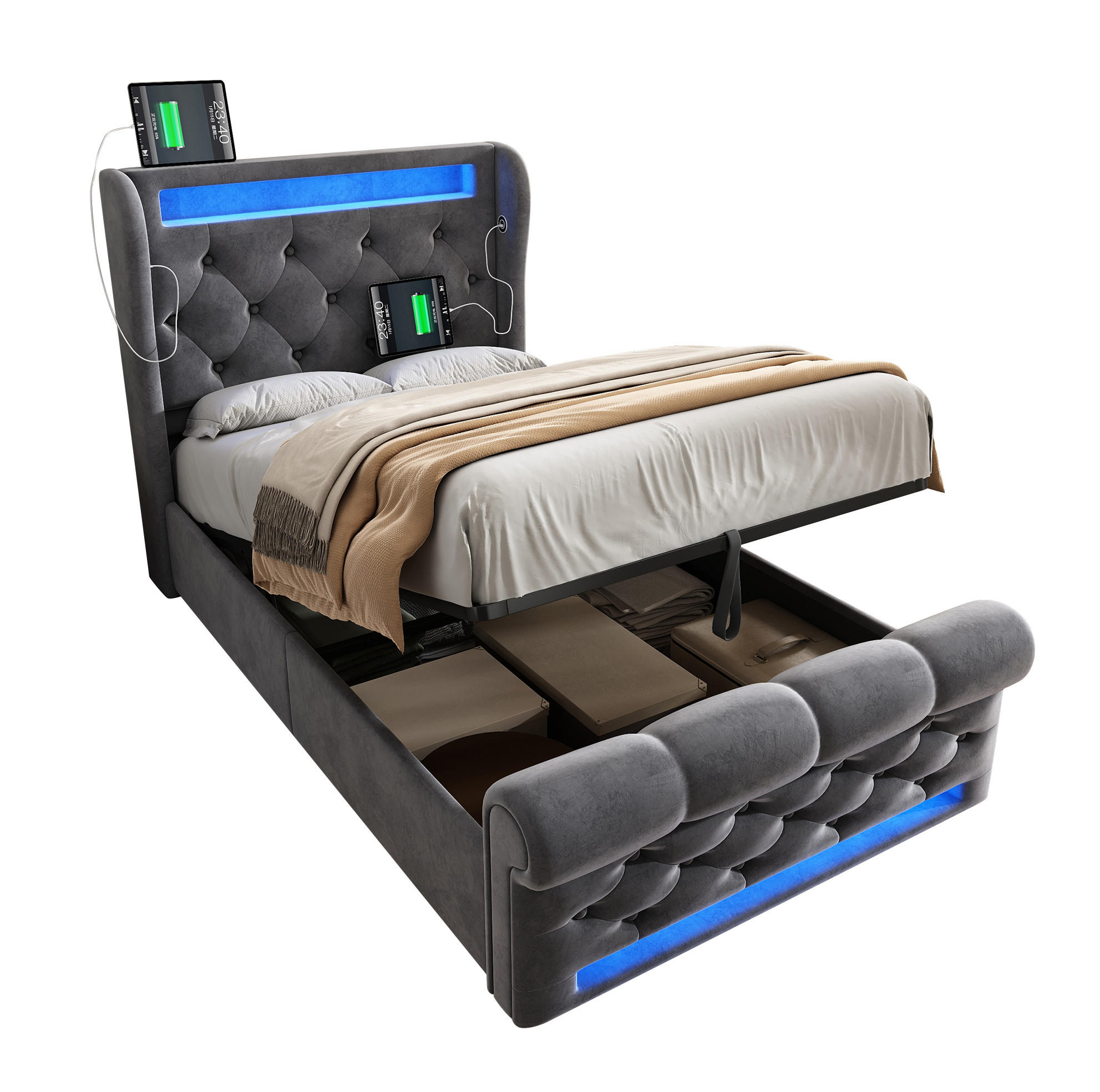POLSTERBETT 90/200 cm Grau aus Samt mit LED, Stauraum, USB- und Type-C-Anschlüssen - Grau, Textil (90/200cm) - Flora Grace