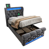 POLSTERBETT 90/200 cm Grau aus Samt mit LED, Stauraum, USB- und Type-C-Anschlüssen - Grau, Textil (90/200cm) - Flora Grace