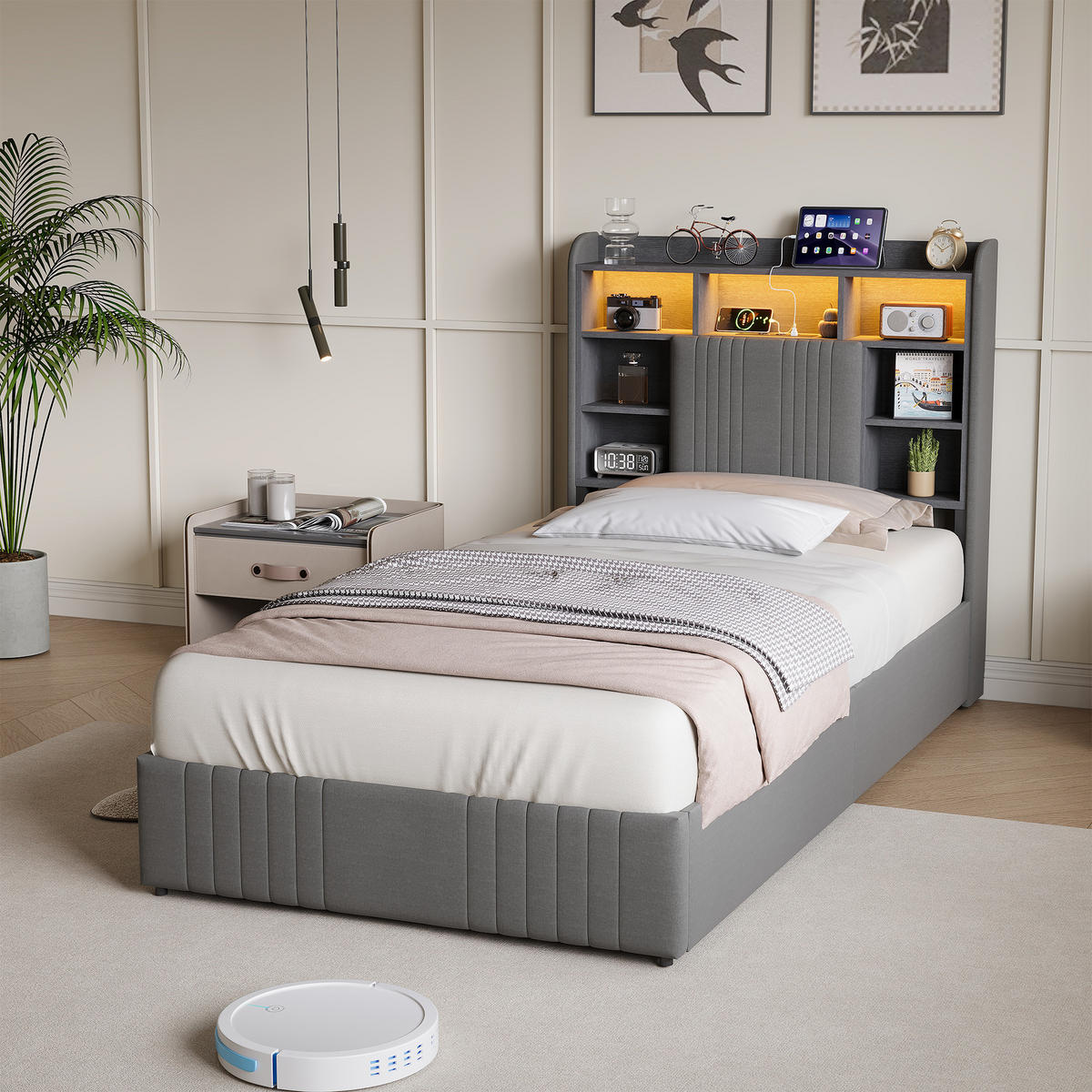 POLSTERBETT 90x200 GRAU Leinenstoff, 2 Schubladen, LED, USB/USB-C - Grau, Holz - SHOPENTRA