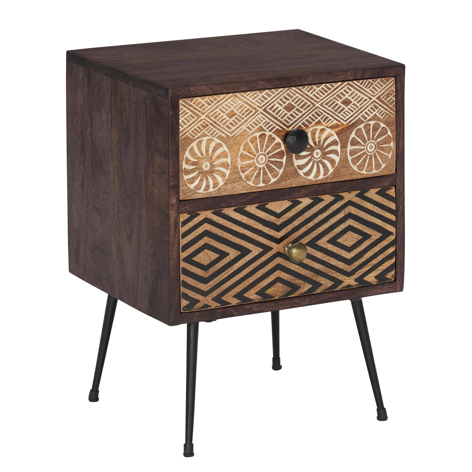MASSIVE NACHTKOMMODE - Beige / Mango - Schwarz/Braun, Holz/Metall (40/55/35cm) - home24