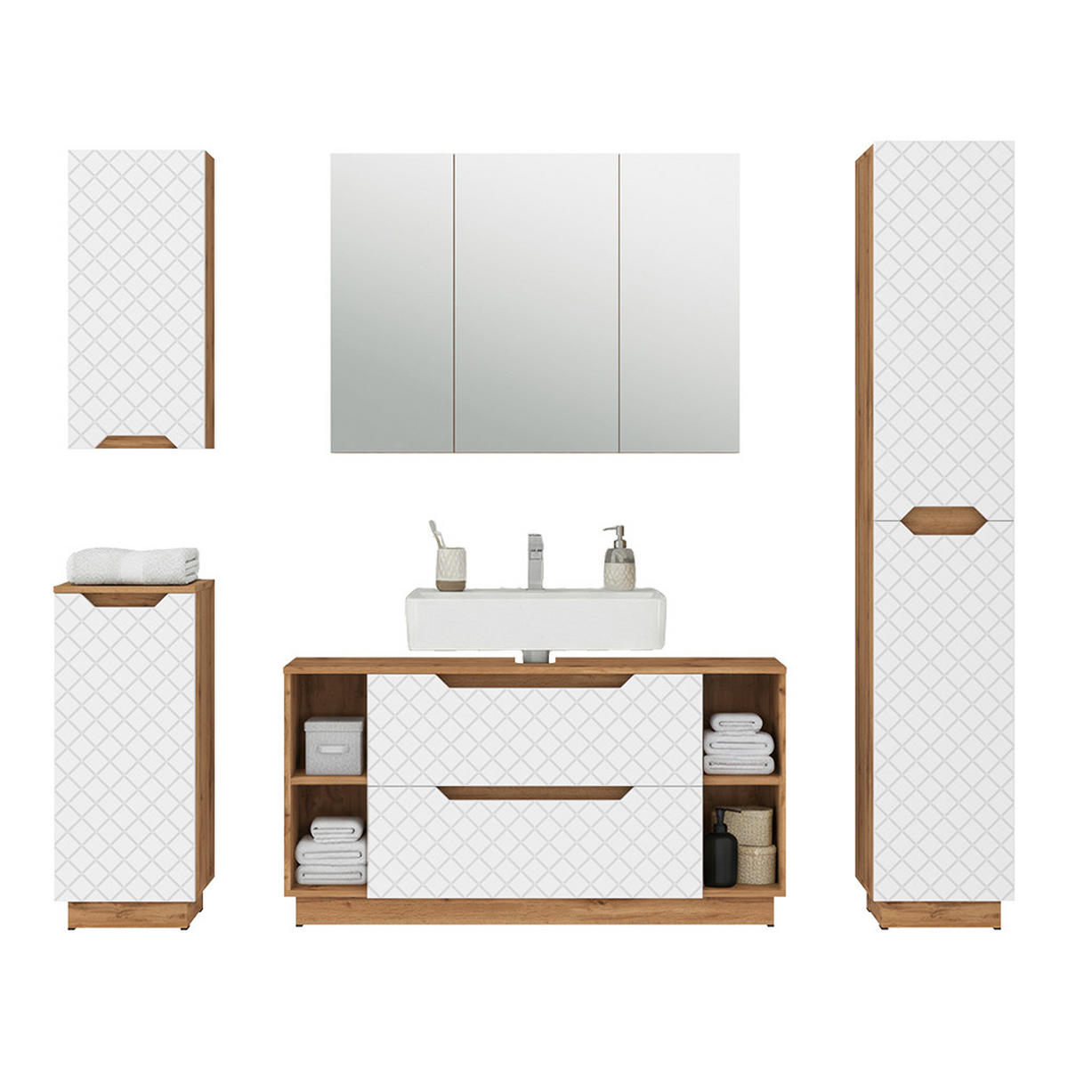 BADMÖBEL-SET Lotta Eiche/Weiß mit Kachelstruktur 5 Teile - Weiß, Holzwerkstoff (119.2/62.5/35cm) - Vicco