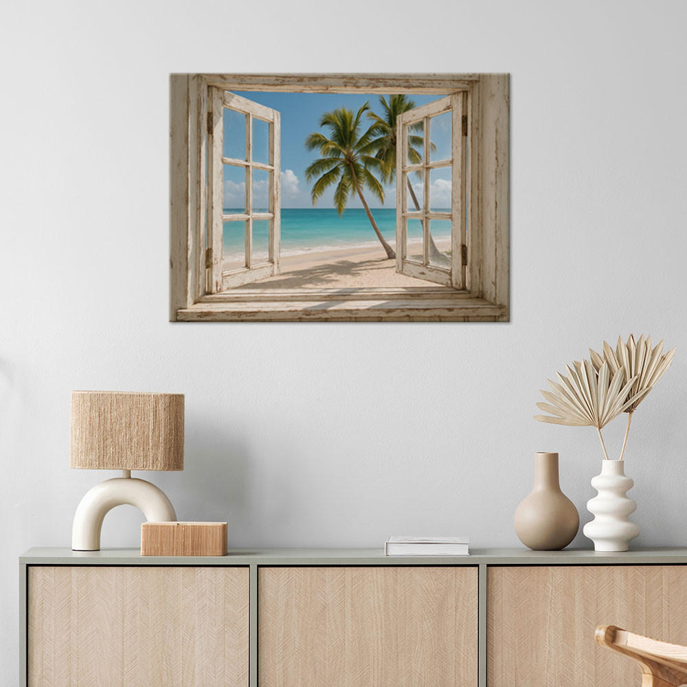 LEINWANDBILD Fensterblick auf Shabby Chic Palmen am Strand 120x80cm - Blau, Textil (120/80cm) - Feeby