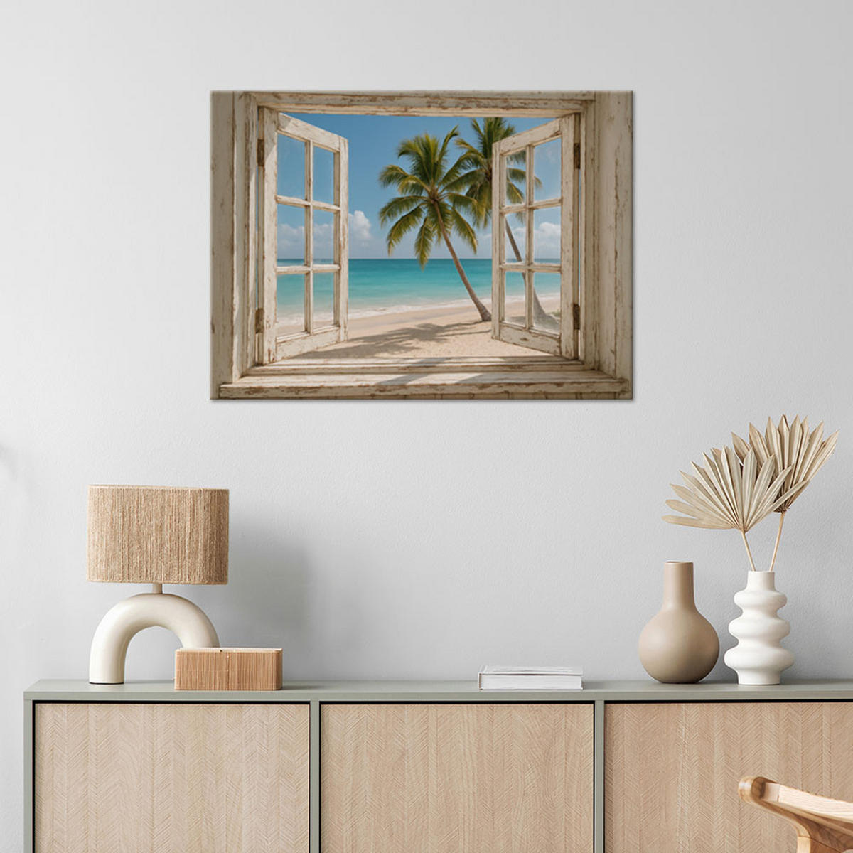 LEINWANDBILD Fensterblick auf Shabby Chic Palmen am Strand 90x60cm - Blau, Textil (90/60cm) - Feeby