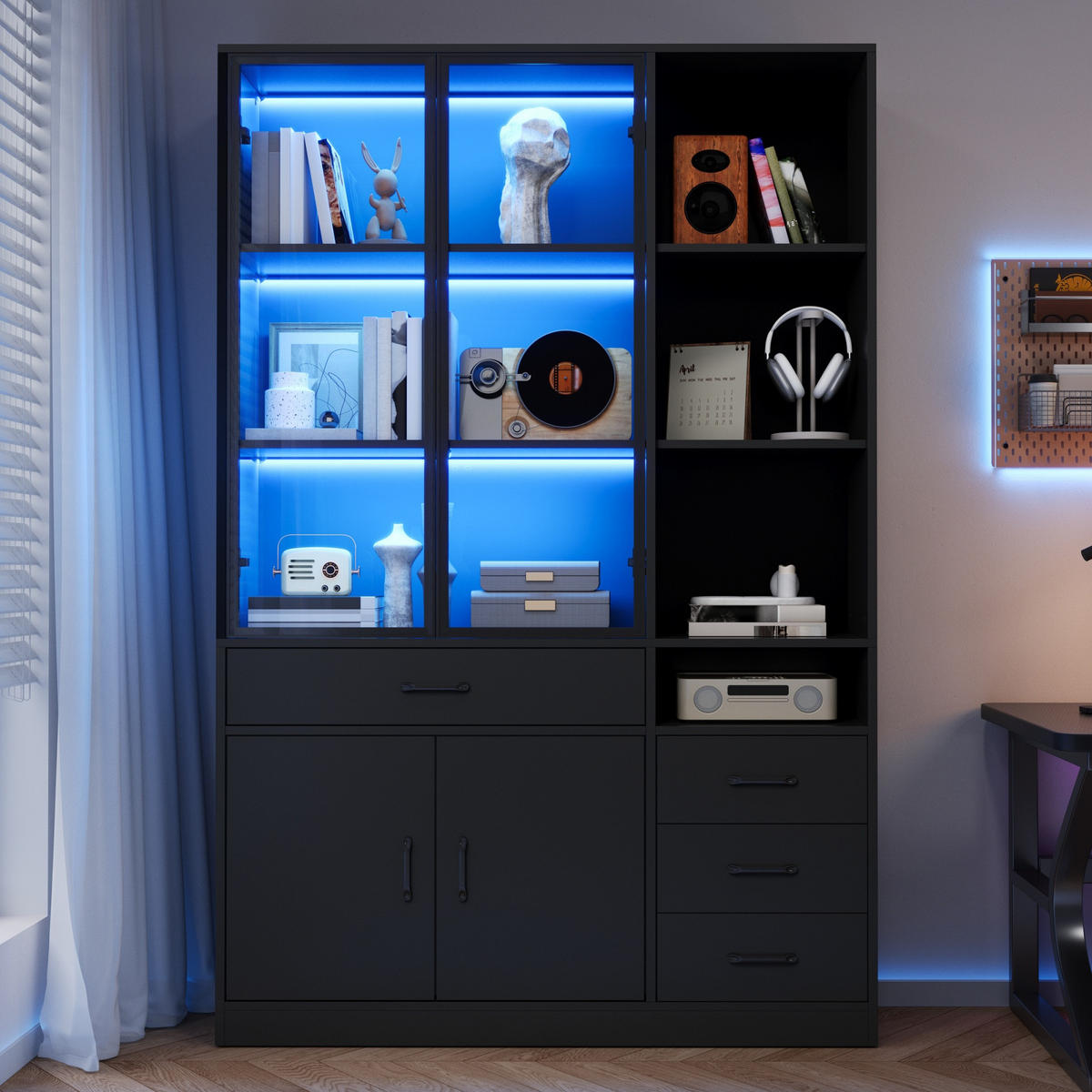 VITRINE Küchenschrank mit Glastüren, Schubladen, LED-Beleuchtung & Stauraum Mehrfarbig 1 Stück MDF/Glas - Transparent/Schwarz, Glas/Holzwerkstoff (120/200/35cm) - EVRYAE