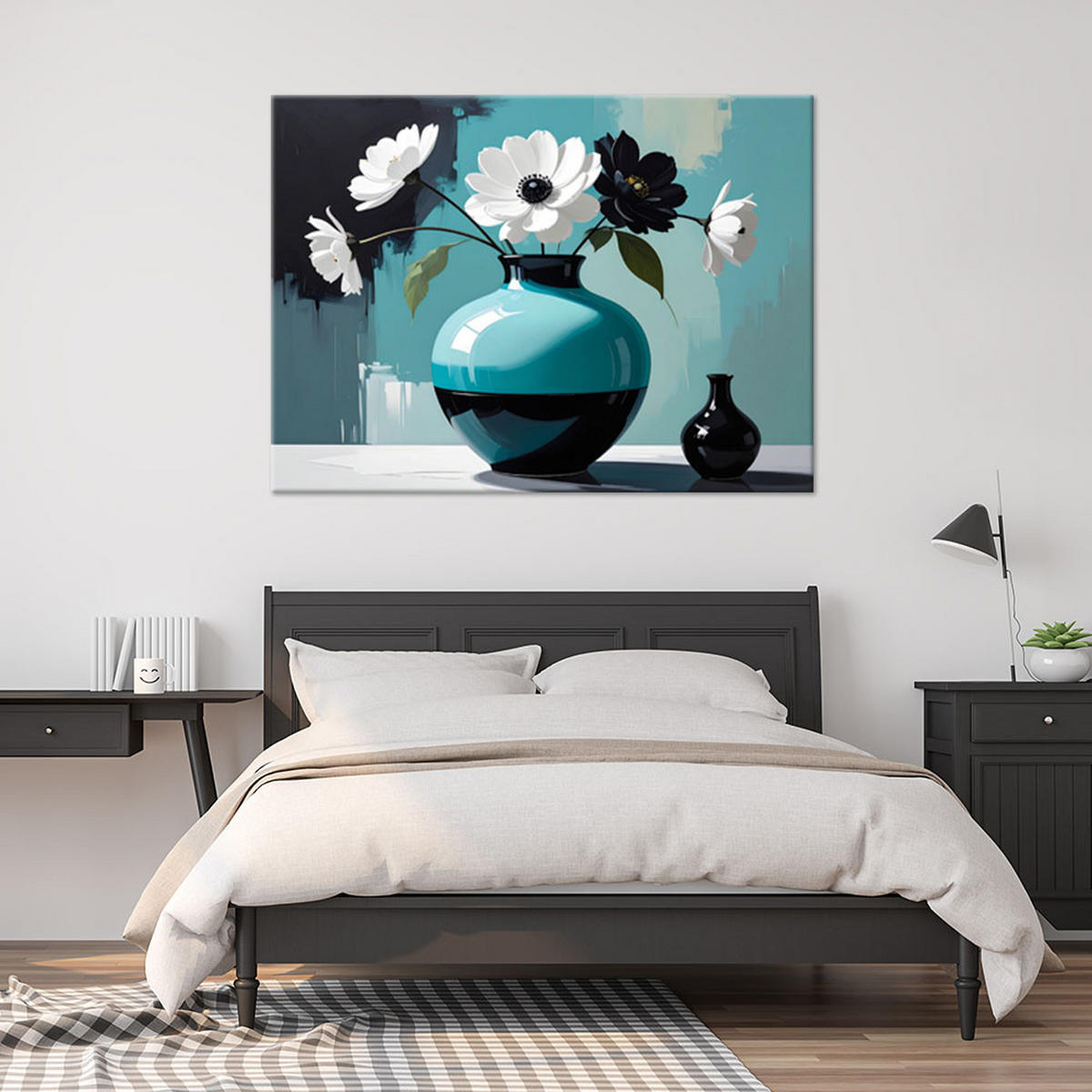 BILD auf Leinwand, Weiße Blumen in einer türkisfarbenen Dekovase - Türkis, Textil (90/60cm) - Feeby