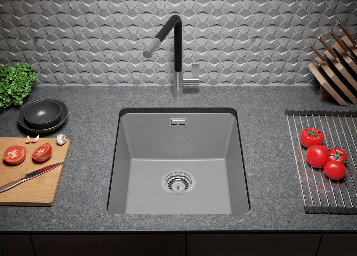 UNTERBAUSPÜLE GRANIT London, 2-er set Grau 41/47 cm 1 Becken + Küchenarmatur 32/20 cm + Ablauf-Set ab 45er Unterschrank - Grau, Kunststoff (41/20/47cm) - Primagran