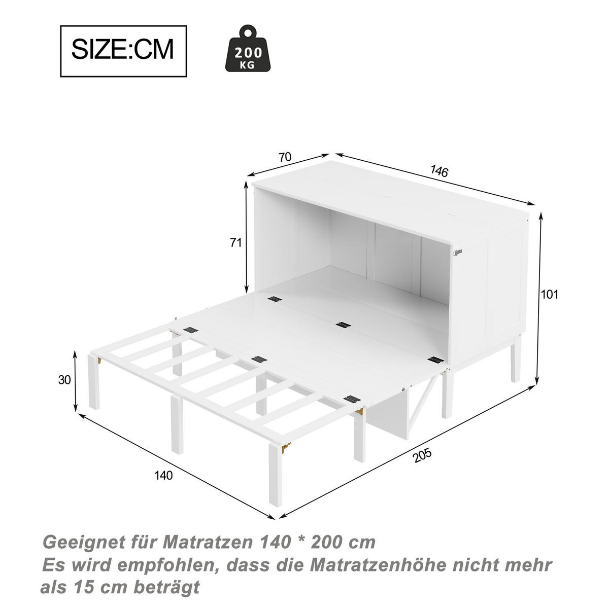 KLAPPBETT 140/200 cm vertikal in Weiß – platzsparend mit Stauraum - Weiß, Holz (140/200cm) - BEAOK