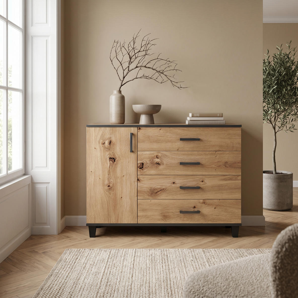 KOMMODE CORTEZA 120/90/40cm mit 4 Schubladen 1 Türen Eiche Artisan - Eiche Artisan, Holzwerkstoff (120/90/40cm) - MASSENO