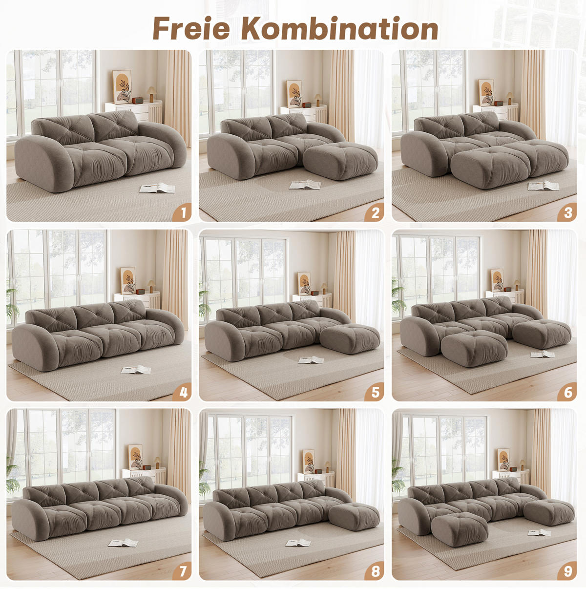 POHOVKA modulárna bezrámová zo ženilky, taupe - taupe, textil (95/76/358cm) - Flora Grace