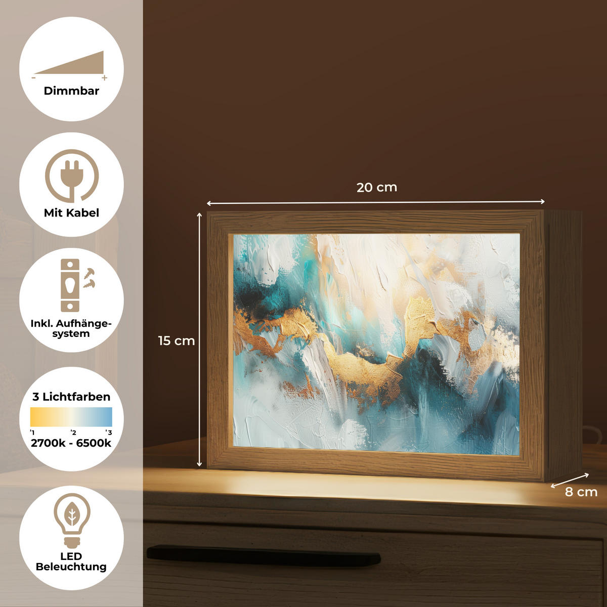 TISCHLEUCHTE Abstrakt - Kunst - Gold - Blau 20x15 cm - Aubergine, Holzwerkstoff (8/20/15cm) - OnlyWow