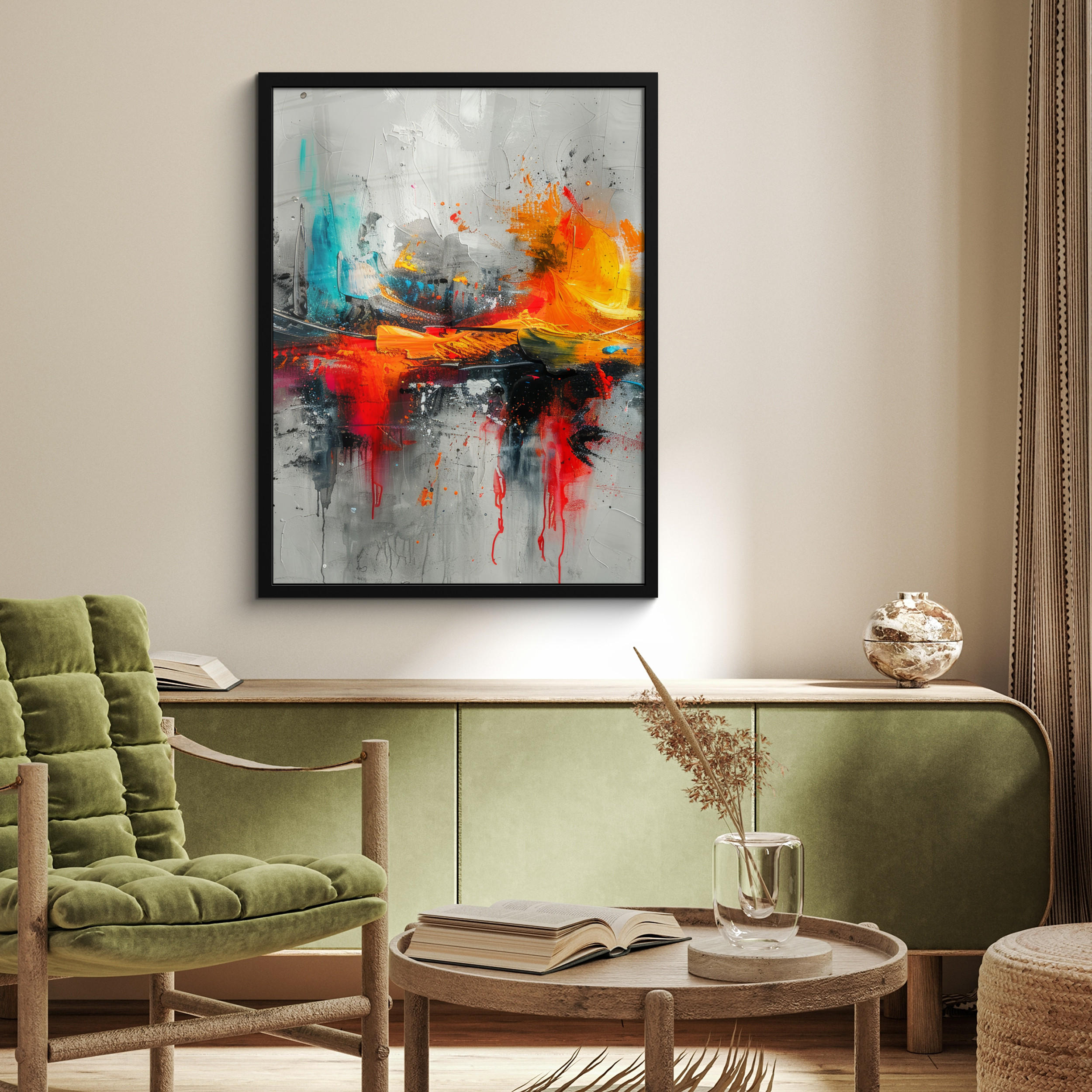 GERAHMTES BILD Moderne Kunst - Orange - Grau - Abstrakt 60x80 cm - Hellgrau, Papier (60/80cm) - MuchoWow