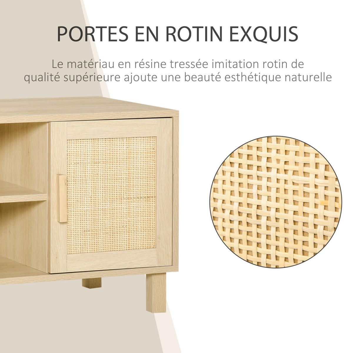 LOWBOARD DE-16078 2 Nischen, 2 Türen aus Rattan Hell Holzoptik - Beige, Holzwerkstoff (115/48/40cm) - ComfortXL