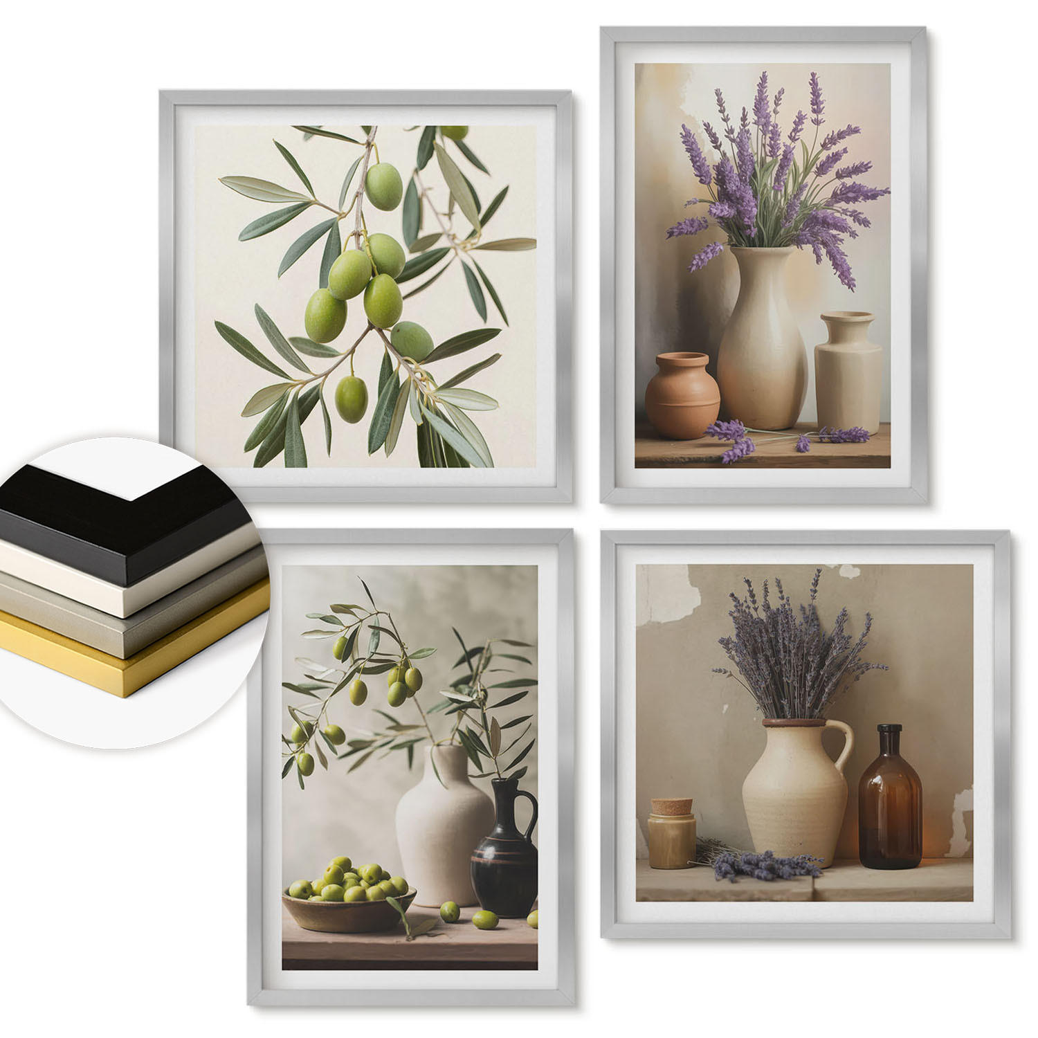 WANDBILDER 4er Set - 50x50 cm & 40x60 cm Silberner Rahmen - Blumen in Vasen als Dekoration - Silberfarben, Kunststoff (50/50cm) - ArtPrintCave