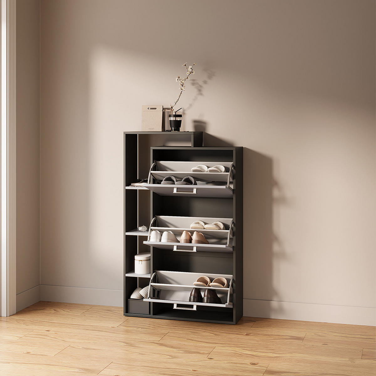 SCHUHKIPPER Ortello Anthrazit/Greige 80 x 128.3 cm mit 3 Fächern - Greige/Anthrazit, Holzwerkstoff (80/128.3/24.2cm) - Livinity®