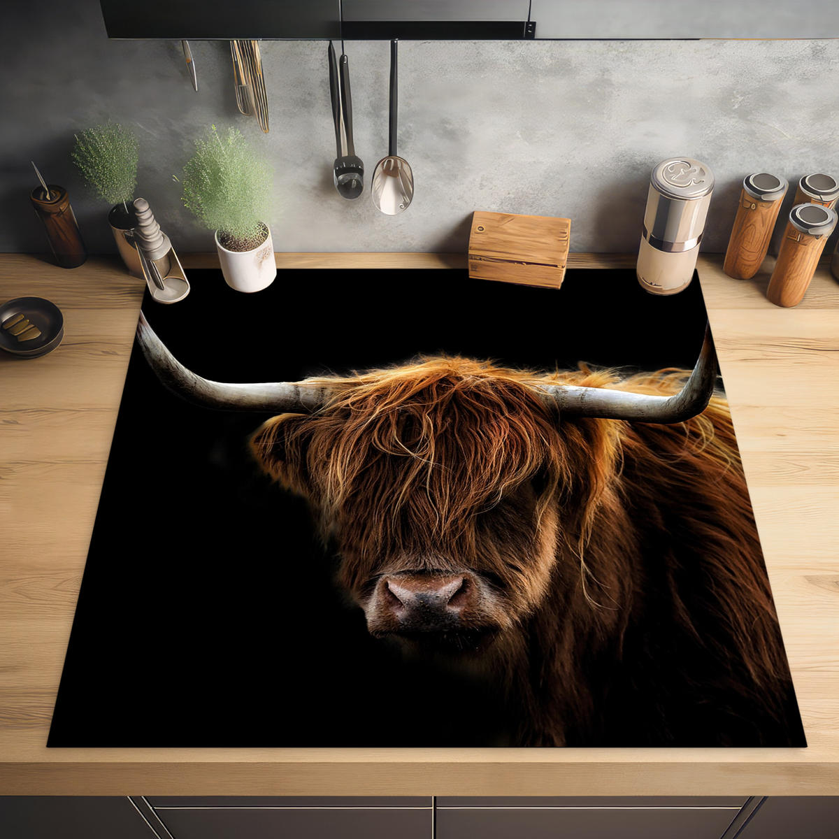 HERABDECKPLATTE - Schottischer Highlander - Hörner - Schwarz - Tiere - Natur - Wild - Kuh - 58x59 - Cognac, Kunststoff (58/59/0.2cm) - MuchoWow
