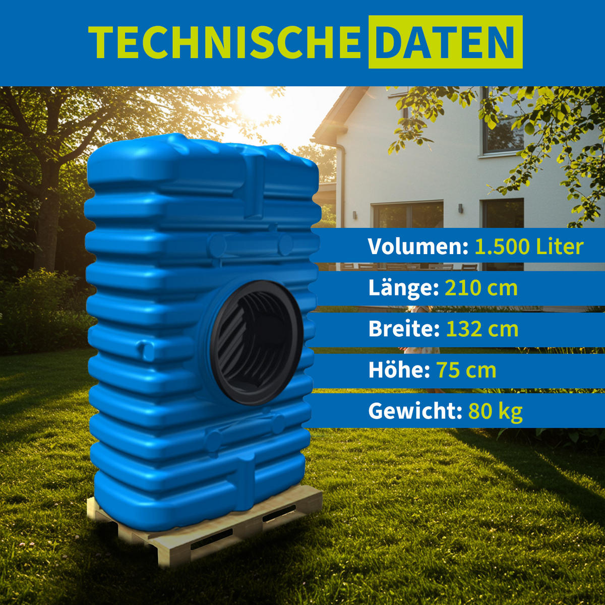 S Flachtank 1500 L inkl. Schachtverlängerung - Blau, Kunststoff (132/75/210cm) - 4rain