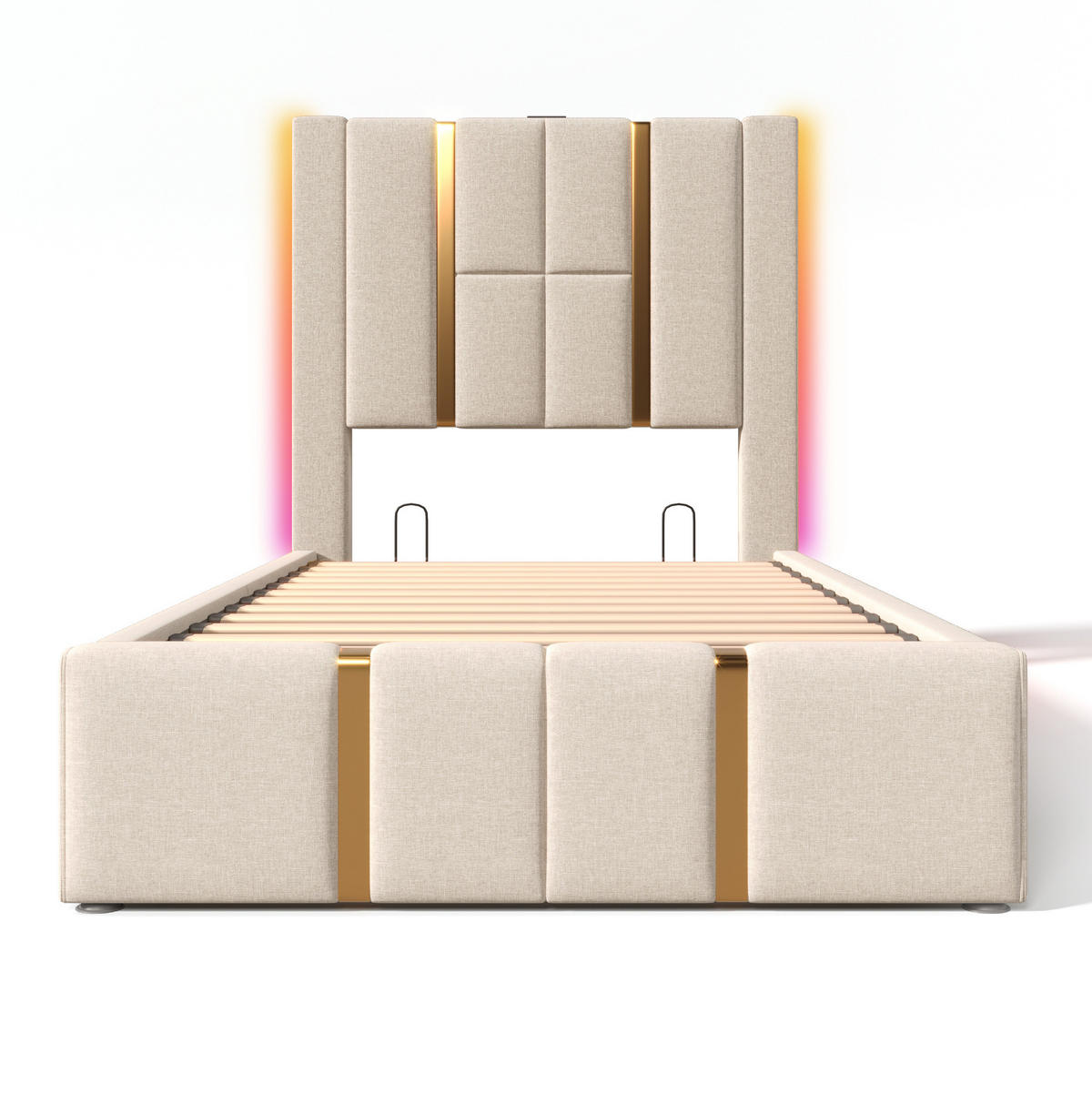 ČALOUNĚNÁ postel 90/200 cm s LED osvětlením, USB-C a úložným prostorem, béžové lněné provedení - béžová, textil (90/200cm) - Redom