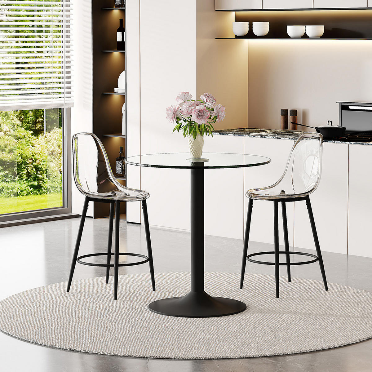 TISCHGRUPPE 3-tlg Glas 89 cm mit 2 Barhockern Metallgestell Schwarz - Transparent, Glas/Metall (80/11/94.5cm) - Raelunyi