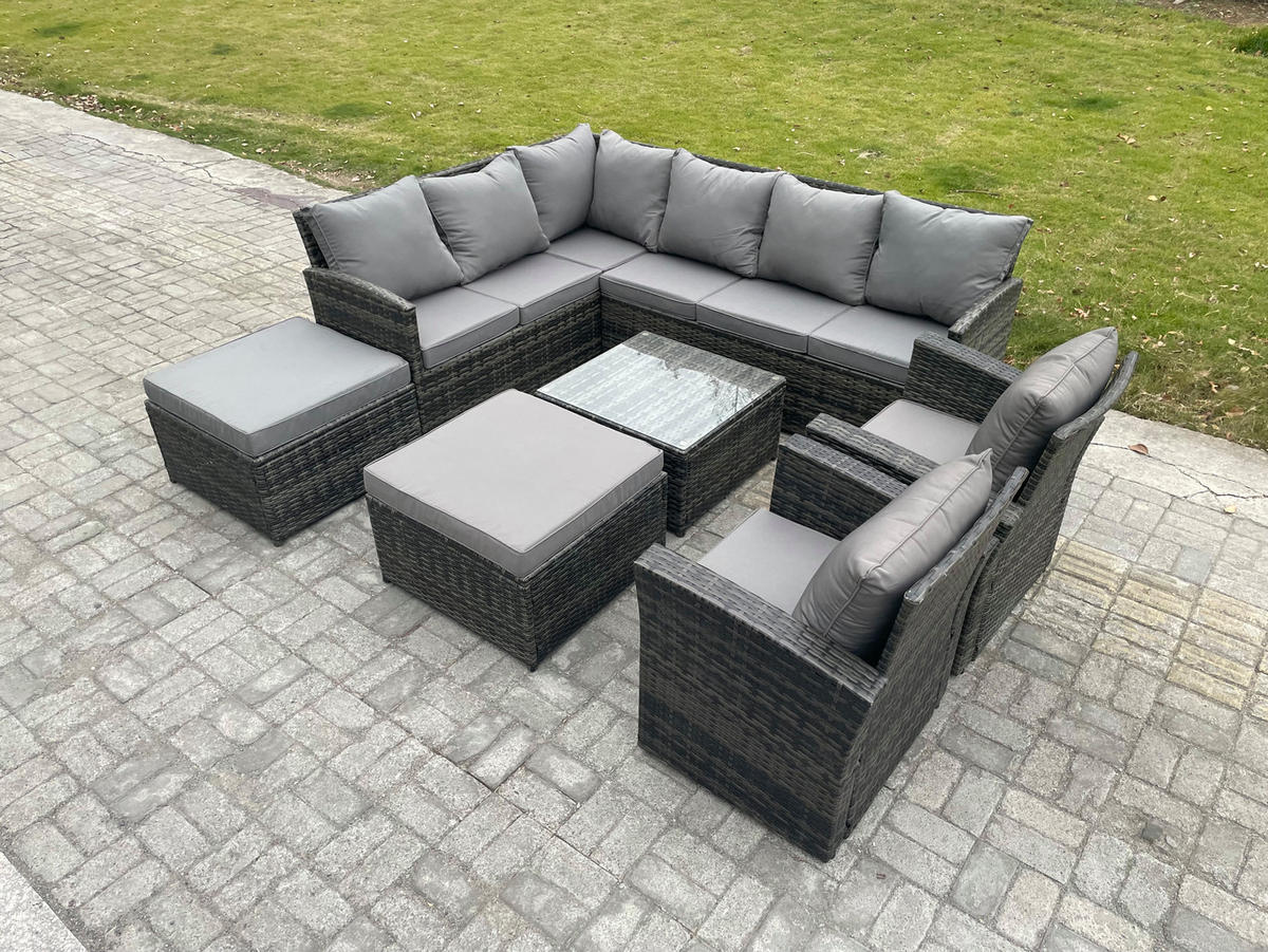 GARTENGARNITUR mit Ecksof,Couchtisch,2 Fußhocker Polyrattan Dunkelgrau 10-Sitzer - Dunkelgrau/Grau, Glas/Kunststoff - Fimous